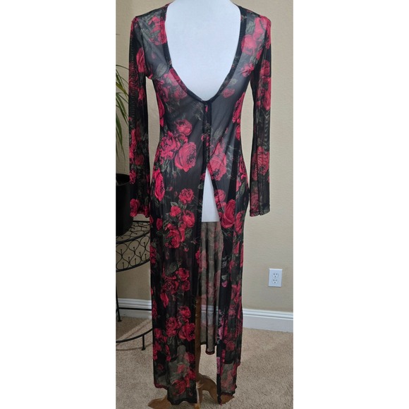 Love Tree Sweaters - Love Tree Mesh Duster Cardigan Small Dark Floral Sheer Rose Goth Romantic Layer